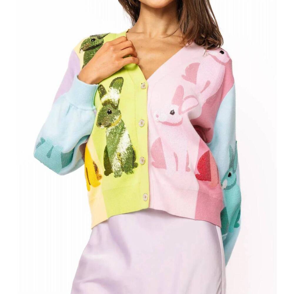 NEW QUEEN OF SPARKLES rainbow colorblock easter bunny button up cardigan in mult